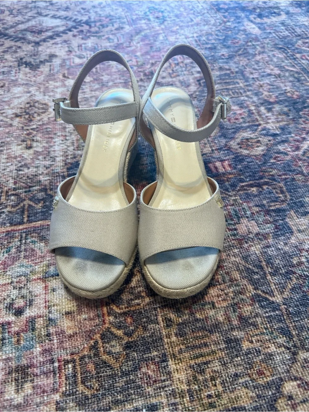 Tommy Hilfiger Neutral Beige Canvas Espadrille Wedge Sandals